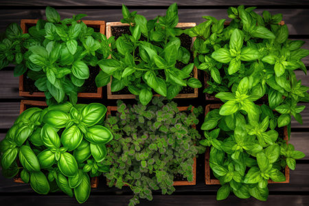 Aromatic Herbs Like Basil, Mint, And Cilantro In Planters, Top Viewの素材
