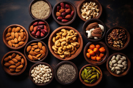 Variety Of Wholesome Nuts And Seeds In Wooden Bowls, Top Viewの素材
