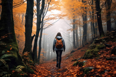 Adventurous Woman Hikes Through Misty Autumn Forestの素材