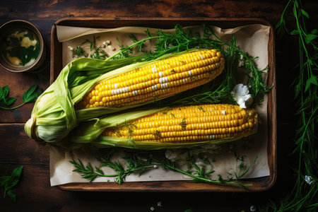 Freshly Picked Corn On The Cob With Butter, Top Viewの素材