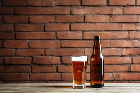 Beer Bottle And Glass Against Brick Wallの素材