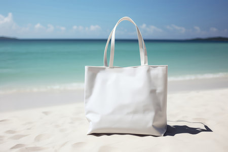 Mockup Of White Blank Tote Bag On Beachの素材