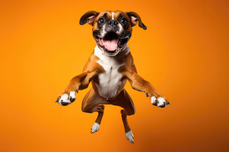 Very Happy Boxer Dog In Jumping, In Flight On Orange Backgroundの素材