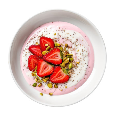 Bowl Creamy Pink Base, Strawberry Slices, Chia Seeds, Pistachios On White Plate On A White Backgroundの素材