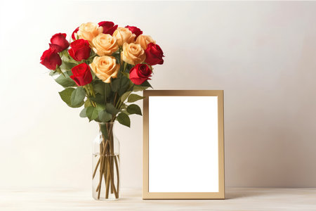 Empty Pale Yellow Color Frame With Red Roses In Vase. Blank Png Frame.の素材