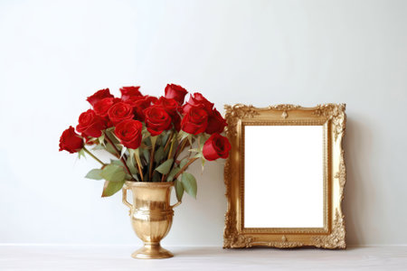 Empty Gold Frame With Red Roses In Vase. Blank Png Frame.の素材