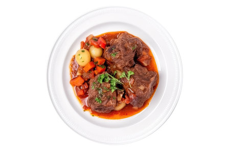 Buchadde Bode Goat Offal Stew, Brazilian Cuisine. On A White Plate, On A White Background.の素材