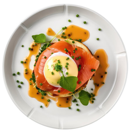 Eggs Royale On White Plate, On White Background.の素材