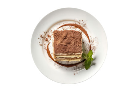Tiramisu On White Plate , On White Background Directly Above View. On A White Plate.の素材