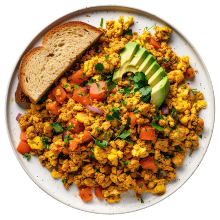 Tofu Scramble On White Plate, On White Background.の素材