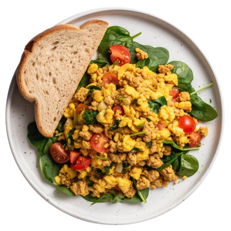 Tofu Scramble On White Plate, On White Background.の素材