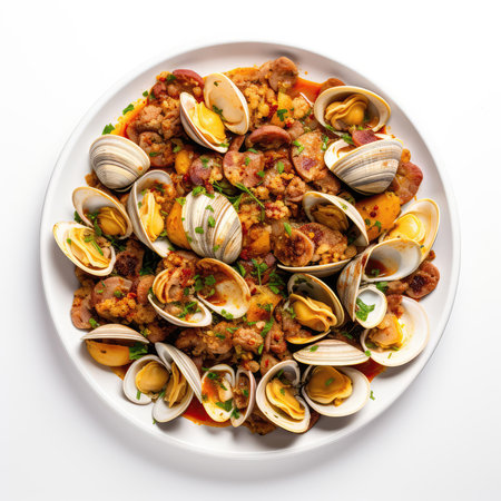 Clams Chorizo Portuguese Dish On Plate On White Background Directly Above Viewの素材