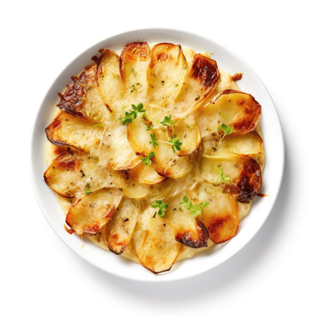 Chicory Gratin Belgian Dish On Plate On White Background Directly Above Viewの素材