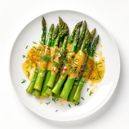 Flemish Asparagus Belgian Dish On Plate On White Background Directly Above Viewの素材