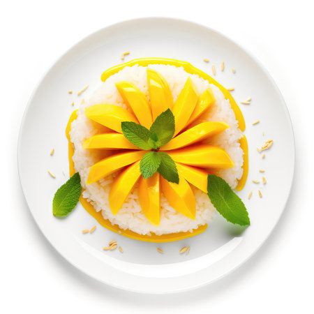 Mango Sticky Rice Thai Dish On A White Plate, On A White Background Directly Above Viewの素材