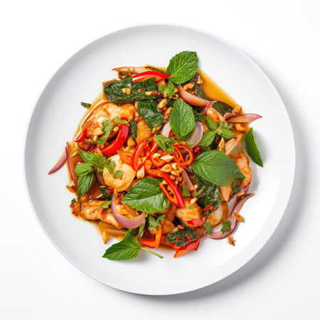 Som Tum Thai Dish On A White Plate, On A White Background Directly Above Viewの素材