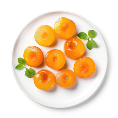 Swiss Apricots Swiss Dish On A White Plate, On A White Background Directly Above Viewの素材