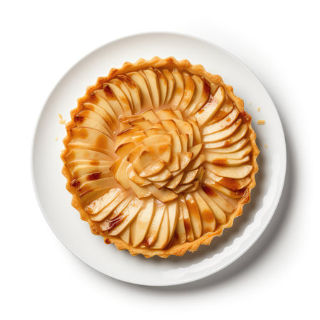 Swiss Apple Pie Swiss Dish On A White Plate, On A White Background Directly Above Viewの素材