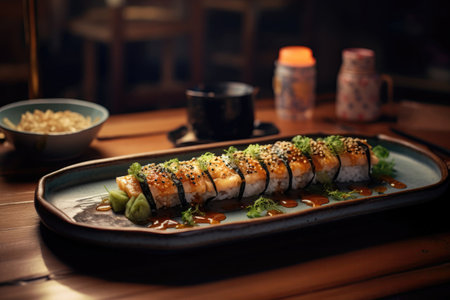 Dish Eel Sushi On Table In Industrialstyle Cafe. Concept Making Eel Sushi At An Industrialstyle Cafe, Setting The Table For A Japanesestyle Meal, Industrial Inspired Cafes And Their Cuisineの素材