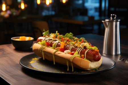 Dish Hot Dog On Table In Industrialstyle Cafe. Ð¡oncept Industrialstyle Cafes, Hot Dog Dishes, Table Settings, Culinary Experiencesの素材