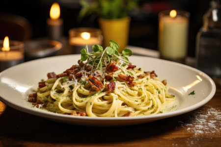 Dish Carbonara Pasta On Table In Industrialstyle Cafe. Ð¡oncept Dish Carbonara Pasta, Industrialstyle Cafe, Table Setting, Carbonara Recipeの素材
