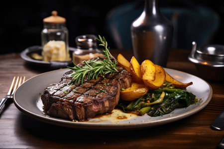 Dish Ribeye Steak On Table In Industrialstyle Cafe. Ð¡oncept Industrial Style Cafes, Ribeye Steak, Dish Presentation, Table Settingの素材