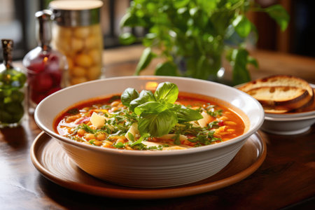 Dish Minestrone Soup On Table In Industrialstyle Cafe. Ð¡oncept Minestrone Soup, Industrialstyle Cafes, Food Presentation, Eating Outの素材