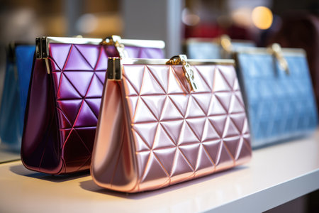 Closeup Of Elegant Evening Clutch Bags In Store. Ð¡oncept Storefront Display Of Clutch Bags, Variety Of Elegant Evening Bags, Shopping For Special Occasion Accessoriesの素材