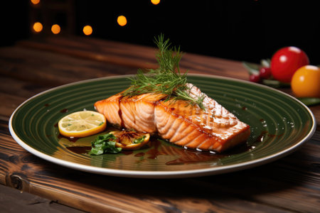 Dish Salmon Steak On Table In Industrialstyle Cafe. Ð¡oncept Industrial Style Cafe, Salmon Steak, Dish Presentation, Table Settingの素材