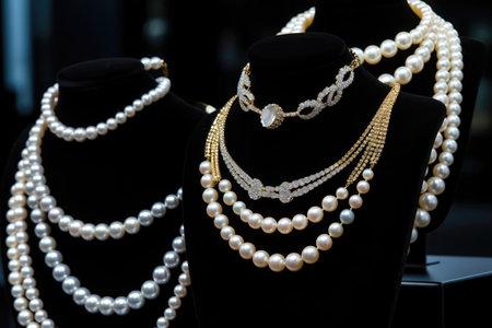 Lustrous Pearl Necklaces Displayed On Black Velvet In Store. Ð¡oncept The Beauty Of Pearls, Jewelry Displays, Black Velvet, Gift Shoppingの素材
