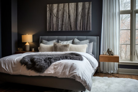 Modern Room With Pillow Bed With Gray Cotton Linens. Ð¡oncept Modern Room Interior Design, Soft Pillow Bed, Gray Cotton Linens, Stylish Bedroom Stylingの素材