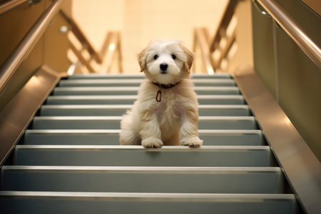A Small White Dog Sitting On Top Of A Set Of Stairs. Ð¡oncept White Dog Breeds, Positive Pet Training, Puppy Safety, Home Stair Designの素材