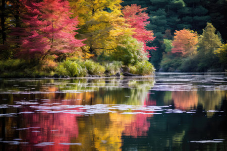 Tranquil Pond Reflecting Otherworldly Forest Of Shimmering Colors. Ð¡oncept Ponds Tranquil Serenity, Forests Otherworldly Beauty, Shimmering Hues Of The Woods, The Experience Of Reflectionの素材
