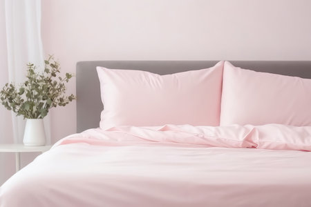 Modern Room With Pillow Bed With Pink Linens Closeup. Ð¡oncept Colorful Bedroom Design Inspiration, How To Style A Pillow Bed, Cozy Bedroom Textile Ideas, Benefits Of Using Pink Linensの素材