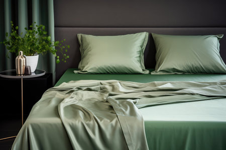 Modern Room With Pillow Bed With Green Silk Linens Closeup. Ð¡oncept Silk Sheets, Luxury Bedrooms, Green Linens, Pillow Bedの素材