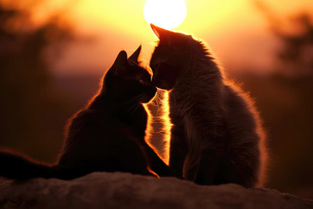 Silhouettes Snuggling At Sunset, Romantic Kitties In Love. Ð¡oncept Silhouettessnuggling, Sunsetromance, Romantickitties, Loveintheairの素材