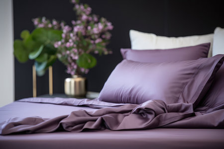Modern Room With Pillow Bed With Purple Silk Linens Closeup. Ð¡oncept Interior Design, Bedroom Decor, Colorful Bedding, Purple Accentsの素材