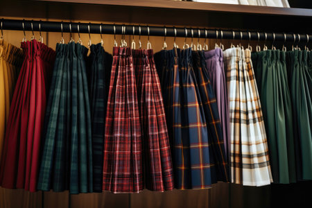 Store Shot Closeup Of Shelves With Folded Plaid Skirts. Ð¡oncept Foldedplaidskirts, Shopinterior, Shelvingdesign, Displayideasの素材