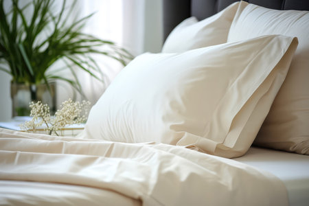 Modern Room With Pillow Bed With Cream Silk Linens Closeup. Ð¡oncept Silk Bedding, Luxury Comfort, Pillow Beds, Modern Interior Designの素材