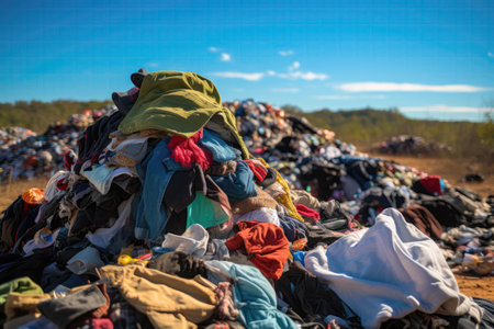Heap Of Clothes Tossed Into Landfill. Ð¡oncept Clothing Waste Crisis, Pollution From Textiles, Thrift Shopping Benefits, Responsible Disposal Optionsの素材