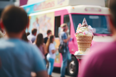 Queue Lot Of People In The Ice Cream Truck. Ð¡oncept Ice Cream Truck Queue, Benefits Of Queuing, Flavors Offered, Cost Of Treatsの素材