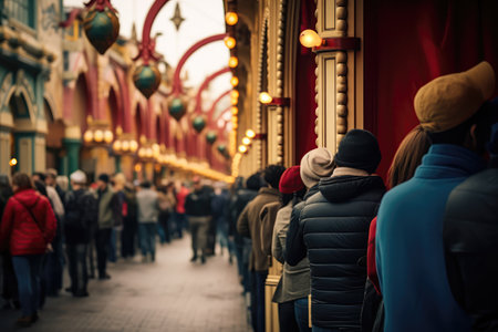 Queue Lot Of People In The Ride Entrance. Ð¡oncept Queuing Experience, Ride Waiting Time, Popular Attractions, Safety Practicesの素材