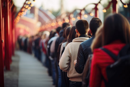 Queue Lot Of People In The Ride Queue. Concept How To Manage A Long Queue, Ocean Parks Ride Queue Benefits, Preparing For A Long Queue Experience, Strategies To Beat The Queueの素材