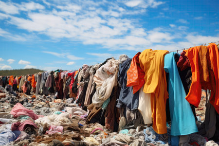 Unwanted Clothes Dumped At Waste Disposal Site. Ð¡oncept Clothing Waste Pollution, Donation Programs, Recycling Clothes, Repurposing Unwanted Itemsの素材