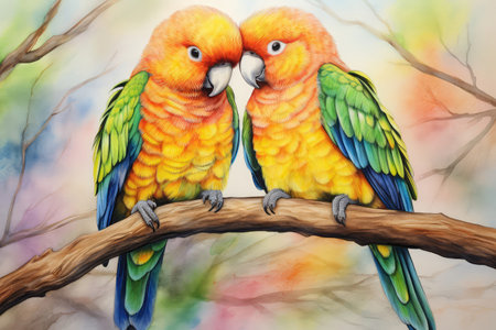 Pair Of Lovebirds Painted With Crayonsの素材