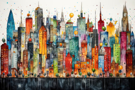 Cityscape With Towering Skyscrapers Painted With Crayonsの素材
