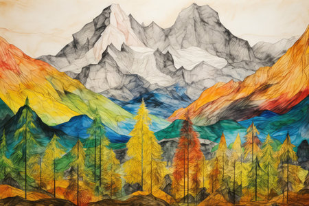 Mountain Landscape Painted With Crayonsの素材