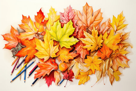 Autumn Leaves Falling Gently Painted With Crayonsの素材