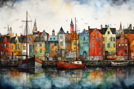 Bustling Harbor Scene Painted With Crayonsの素材