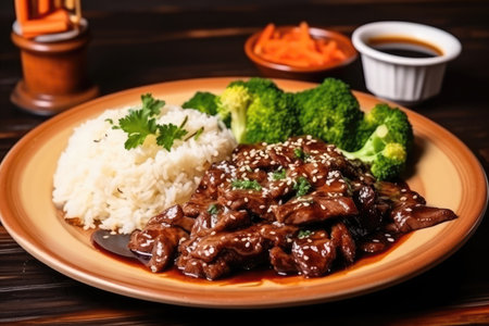 Beef Teriyaki On Plate In Retrostyle Cafeの素材